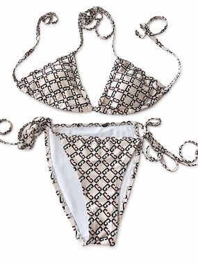 Beige Logo-Print Tie-Side Bikini Set - Women Swim